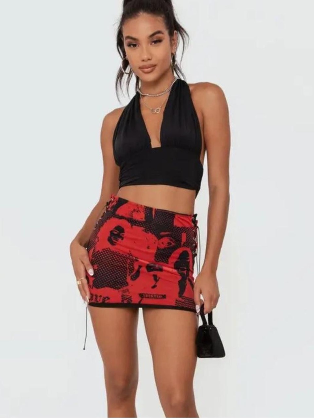 Edikted Red Graphic Mini Skirt with Black Print